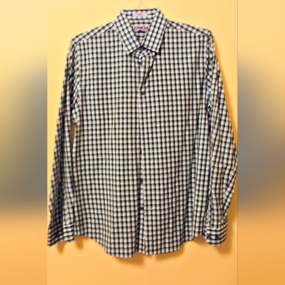 Express Green and Black Checkered Button-Down Shirt